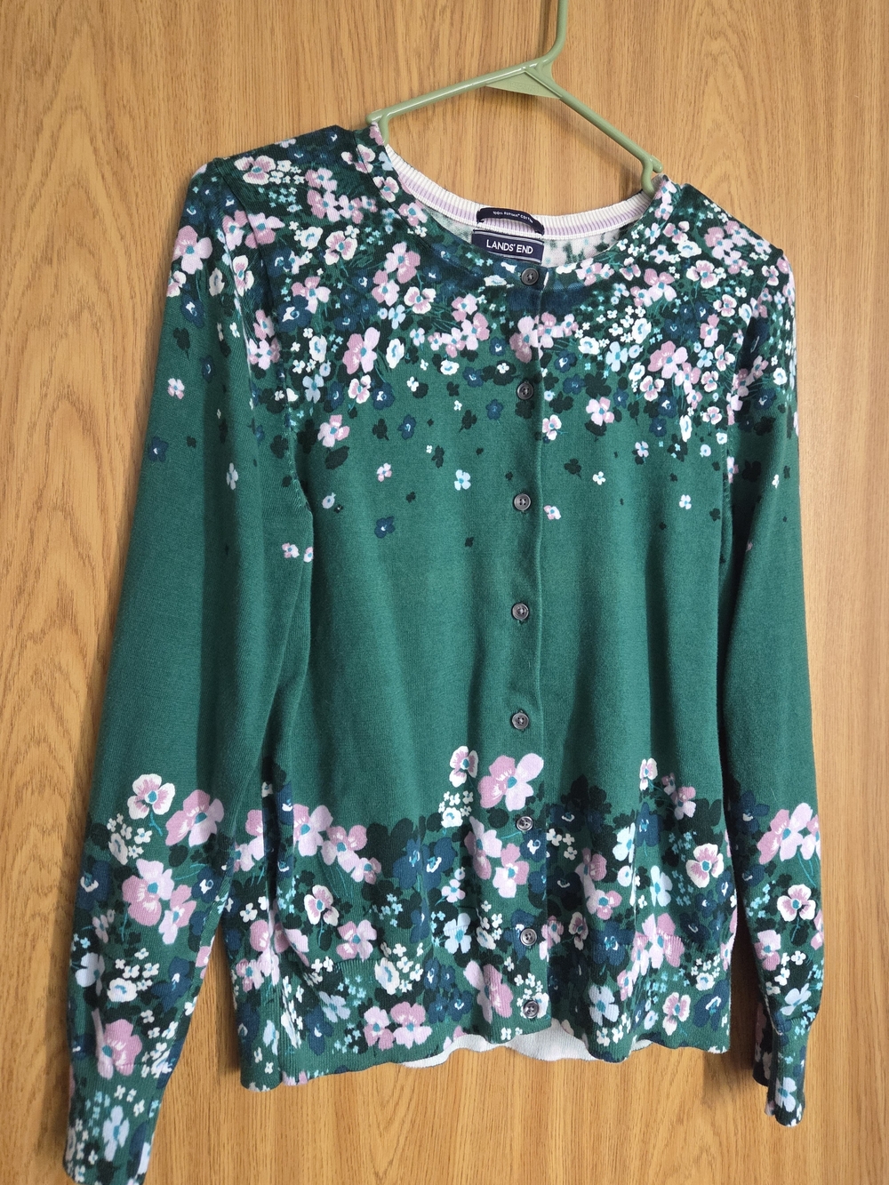 Lands' End Green Floral Button-Cardigan Sweater